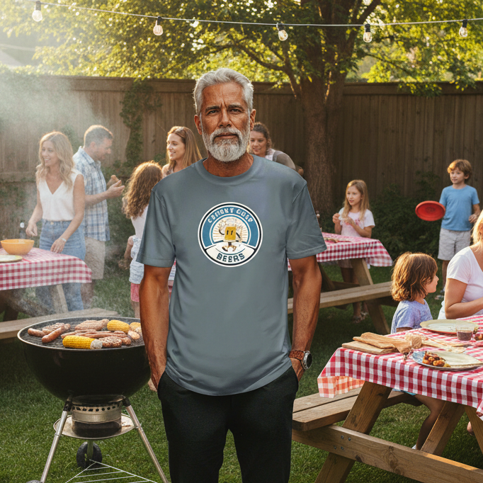 Chunky chaps beer t-shirt at a BBQ