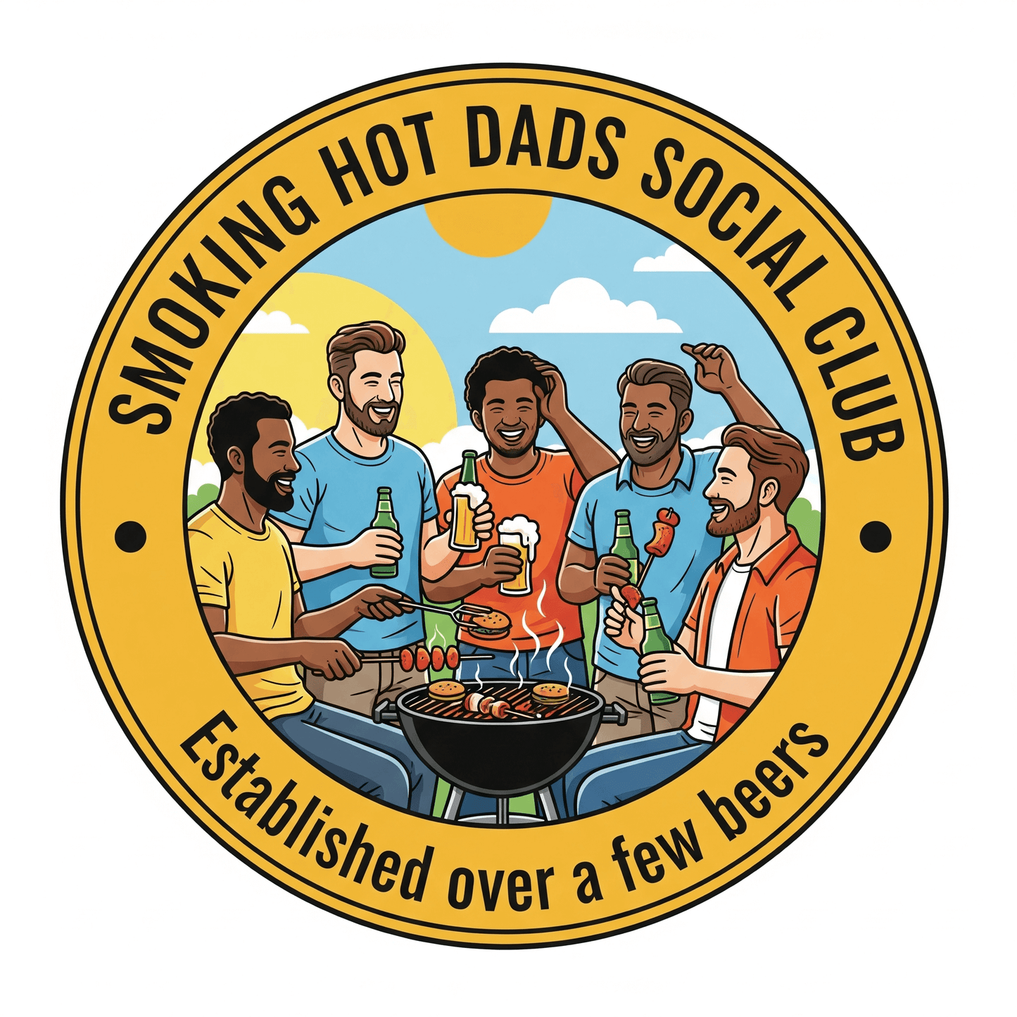Logo of 'Smoking Hot Dads Social Club' with men around a grill and drinks.