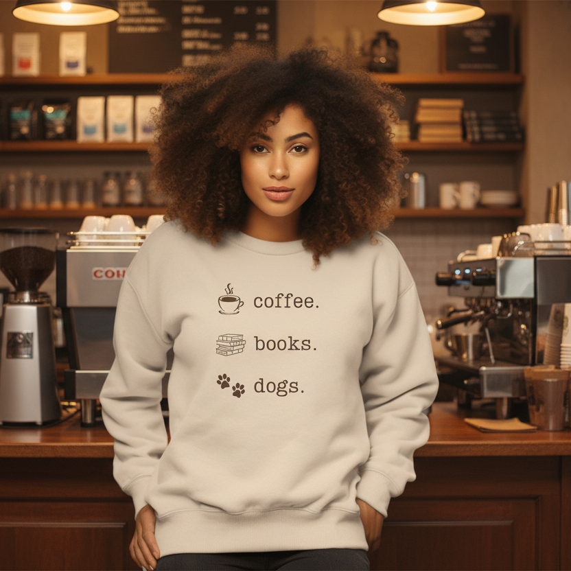 Coffee books dogs sand sweatshirt