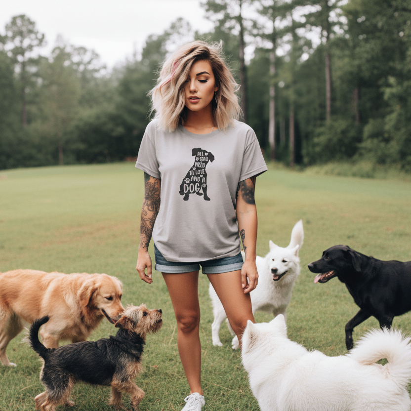 Woman wearing a gray t-shirt with a dog-themed graphic and text in an outdoor setting.