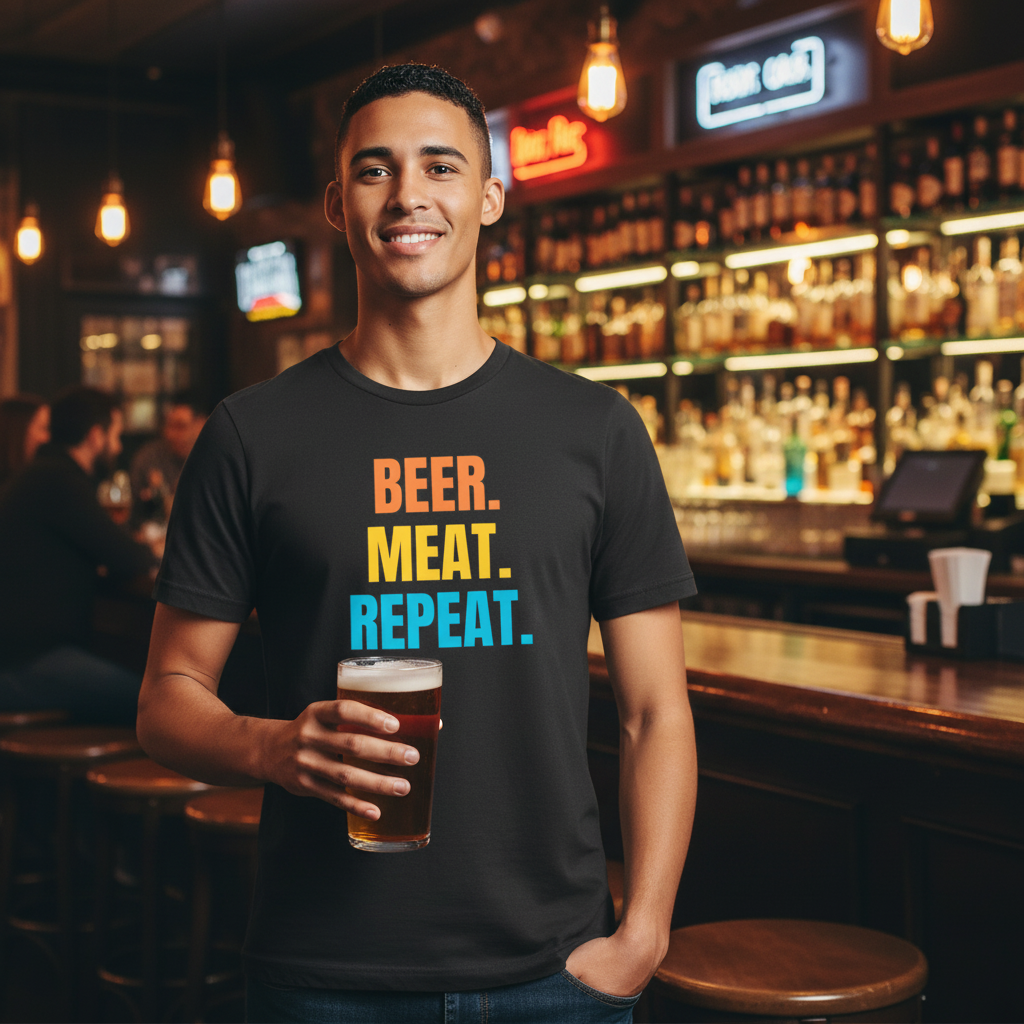 A man wearing a dark grey crewneck t-shirt with the text 'BEER. MEAT. REPEAT.' printed on the chest in orange, yellow, and blue.  