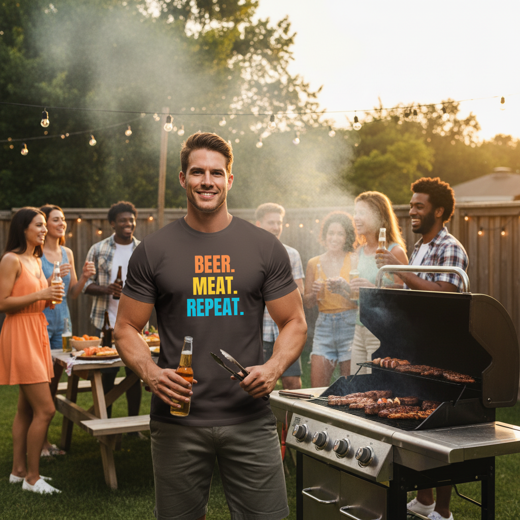 A muscular man wearing a dark brown t-shirt with the text 'BEER. MEAT. REPEAT