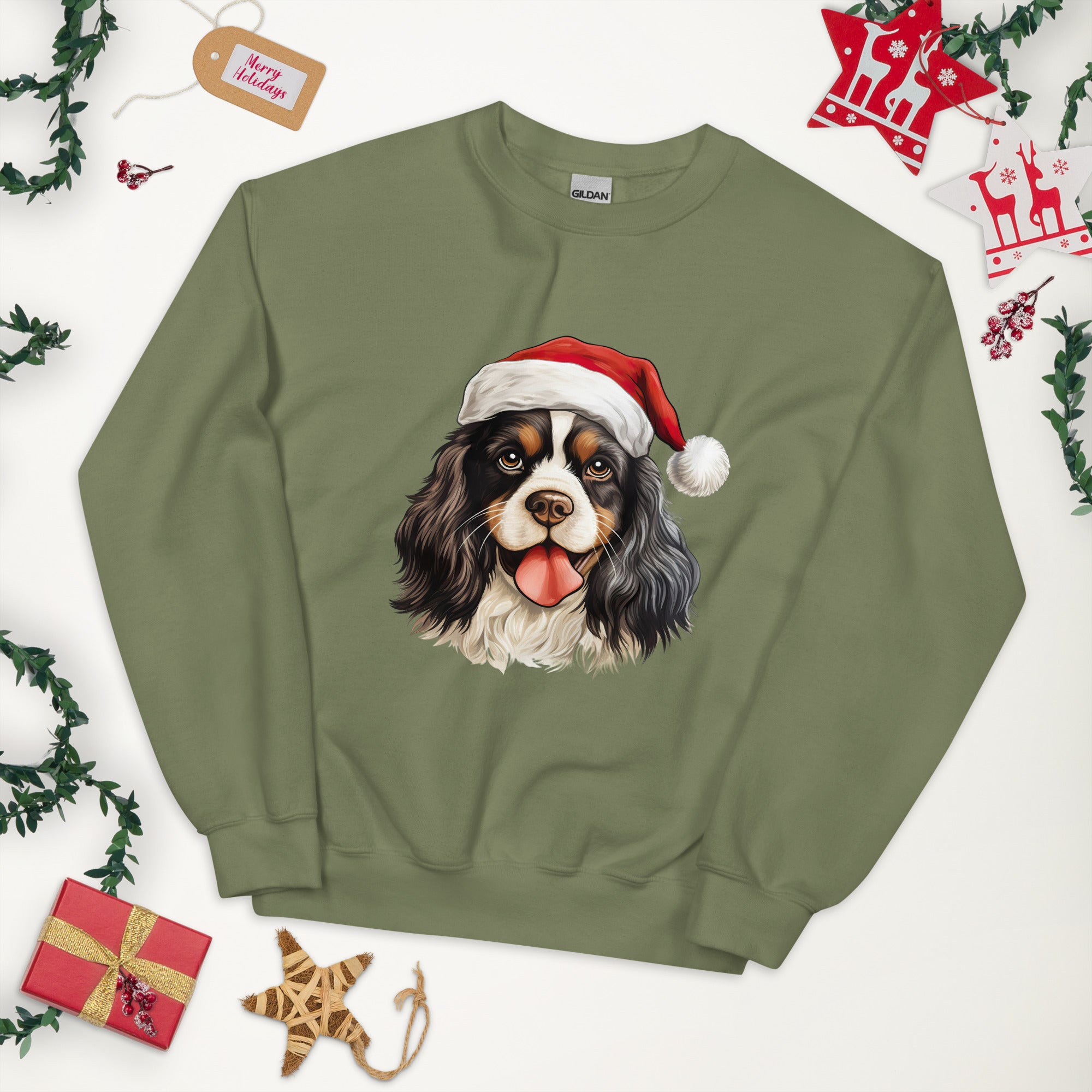 Festive Cavalier King Charles Spaniel Holiday Sweatshirt Santa Hat and Holiday Vibes