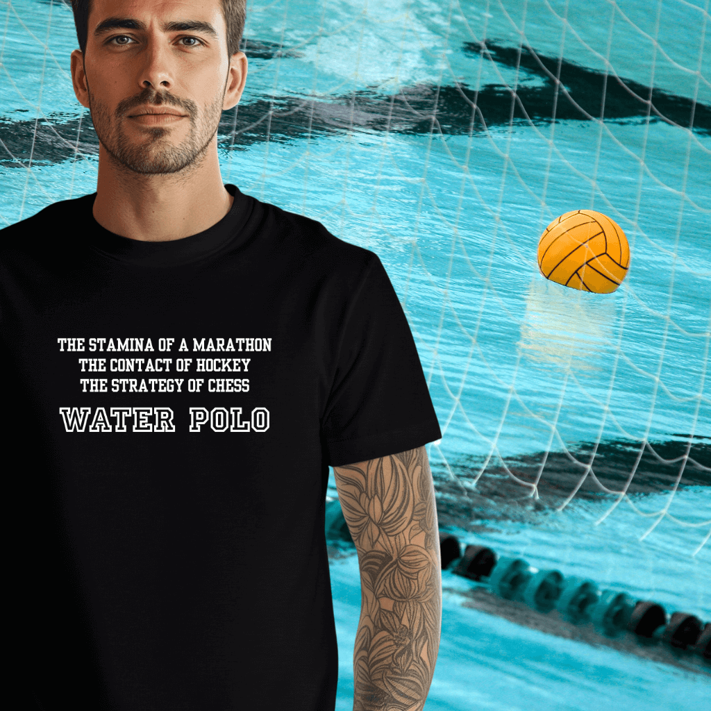 Man wearing a black t-shirt with water polo text in front of a pool with a water polo ball.