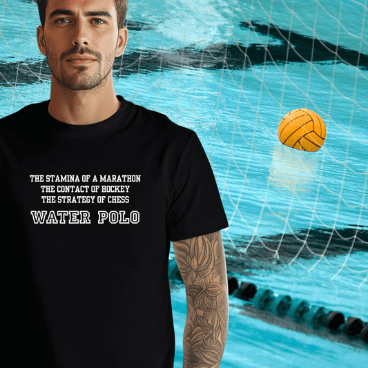 Man wearing a black t-shirt with water polo text in front of a pool with a water polo ball.