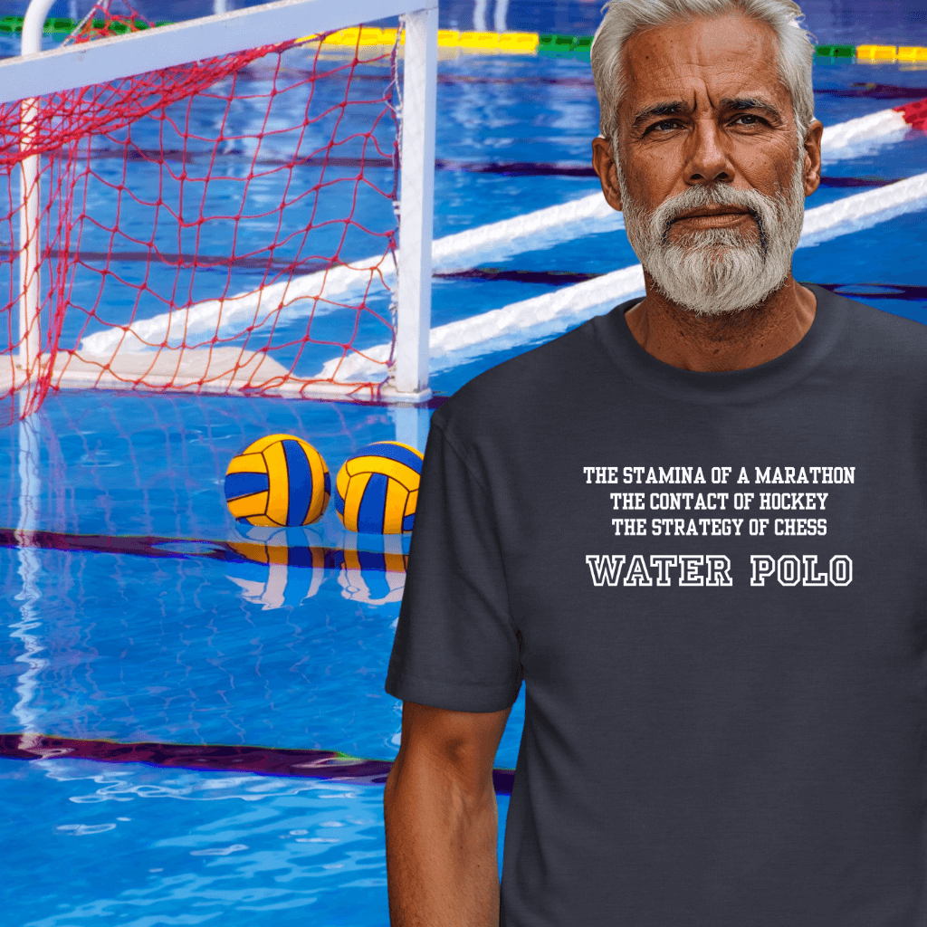 Man wearing a t-shirt with water polo text in front of a pool with water polo balls.