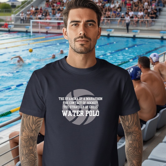 Man wearing a navy water polo t-shirt at a water polo game