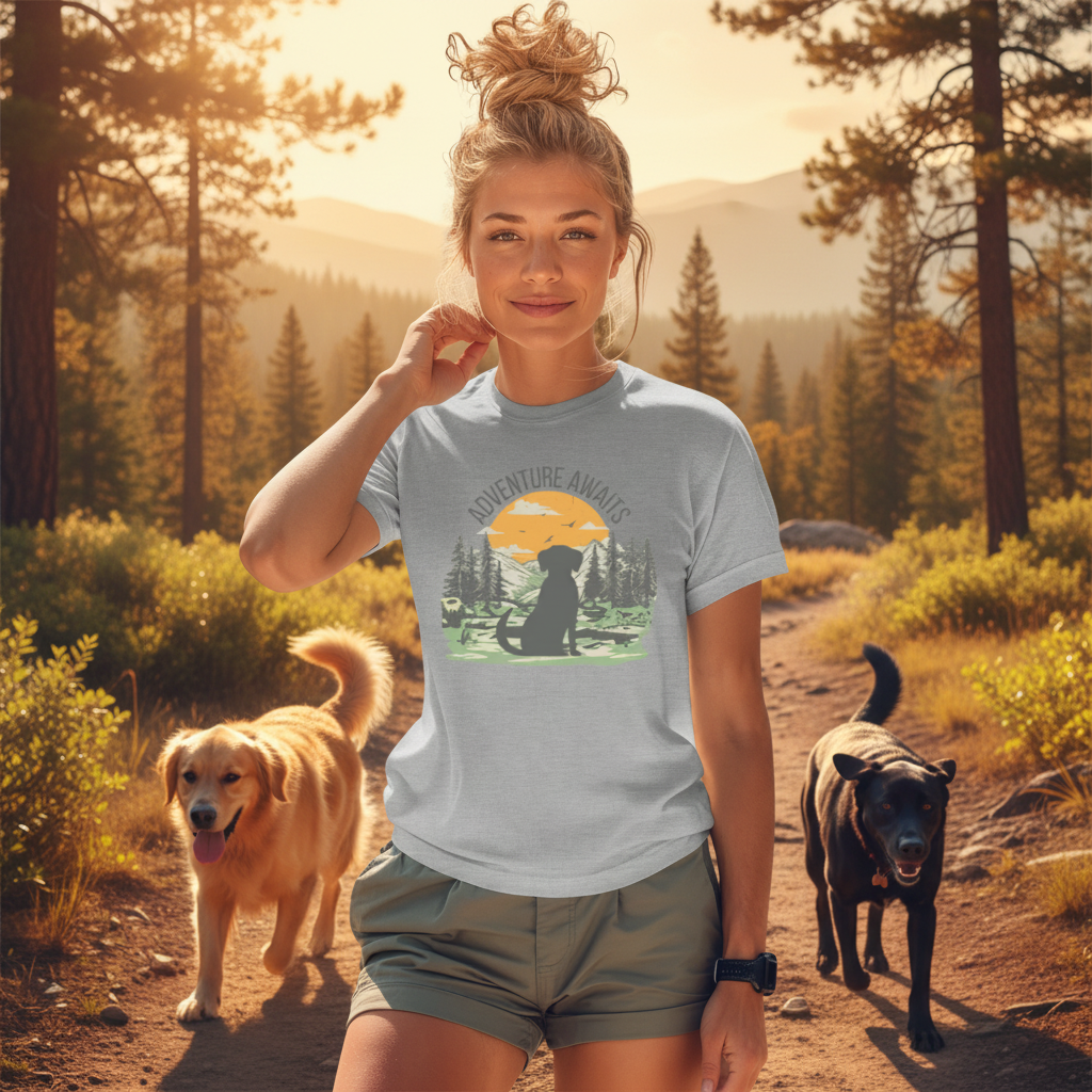 A woman modeling a light gray crewneck t-shirt with a 'Adventure Awaits' dog graphic, paired with olive green shorts.