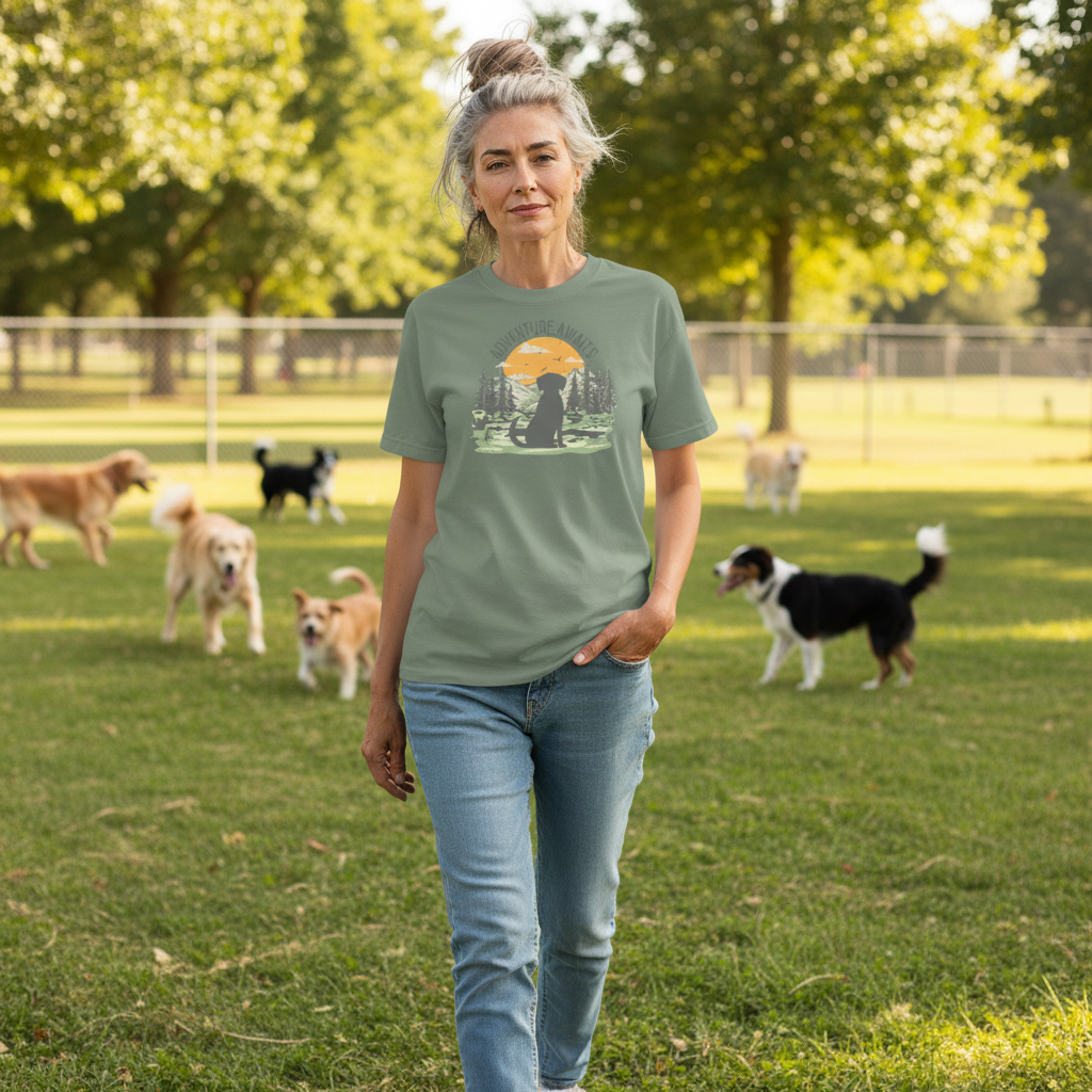 A woman wearing a sage green graphic t-shirt with a dog silhouette and sunset print, paired with blue jeans, set against a plain white background.