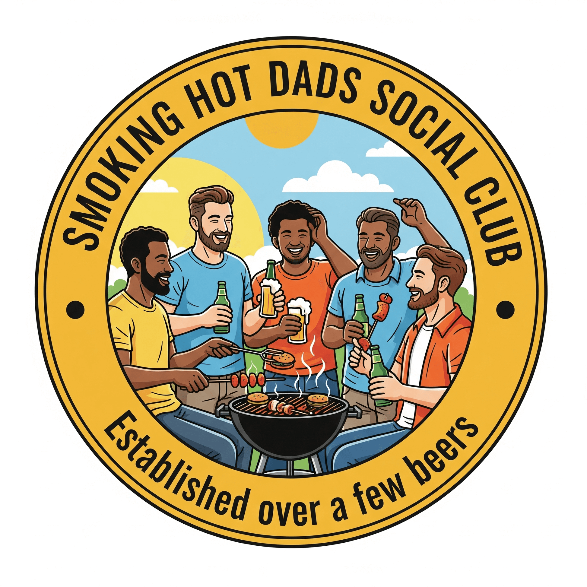 Logo of 'Smoking Hot Dads Social Club' with men around a grill and drinks.