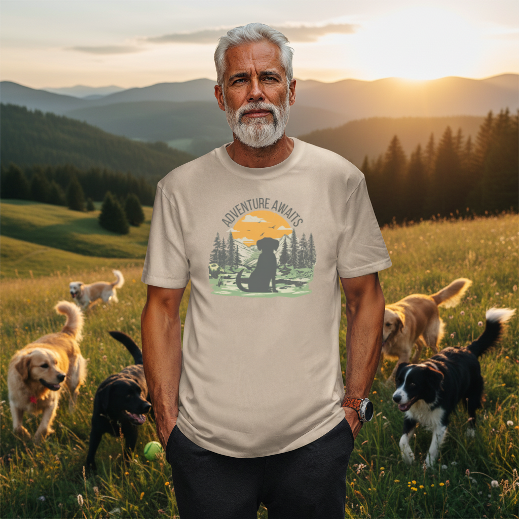 A man wearing a tan graphic t-shirt with a dog and forest design.