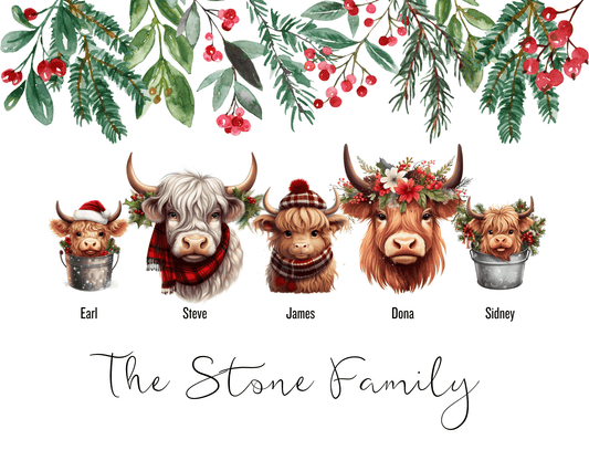 Personalized Christmas Highland Cow Family Portrait