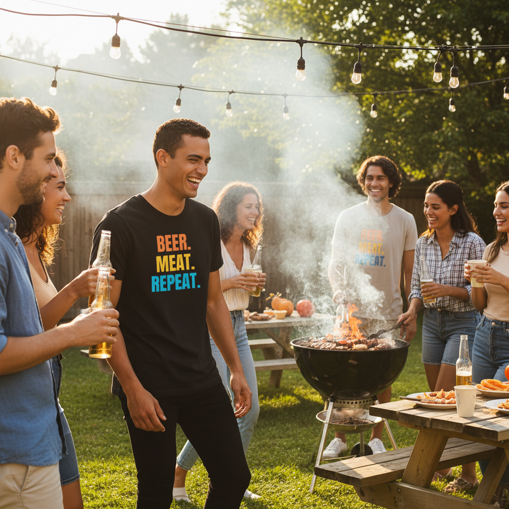 A man wearing a black crewneck t-shirt with the text 'BEER. MEAT. REPEAT.' printed on the chest in orange, yellow, and blue.
