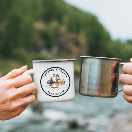 Coffee and Camping Life's Therapy enamel mug