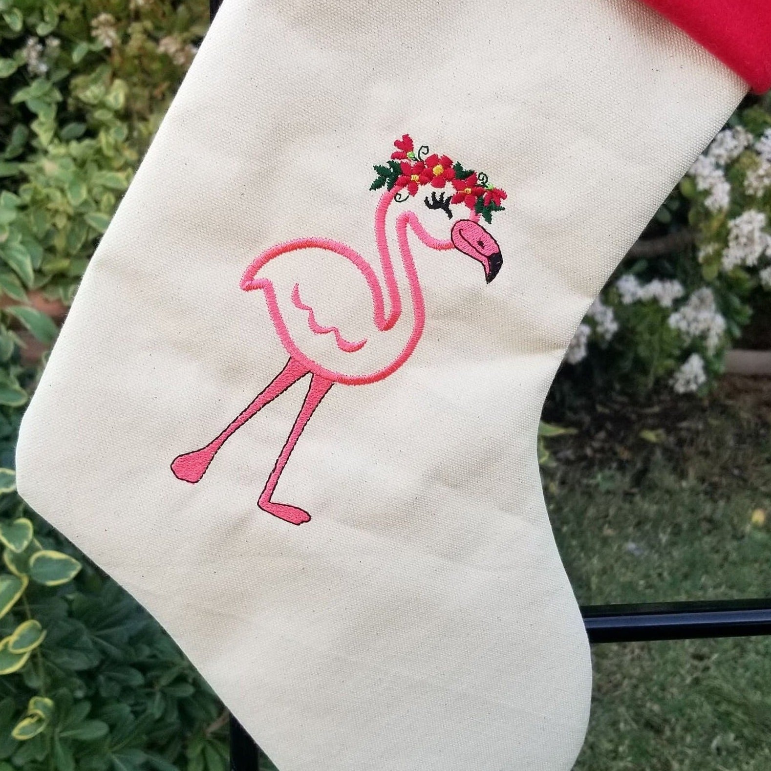 Personalized pink Flamingo Christmas stocking