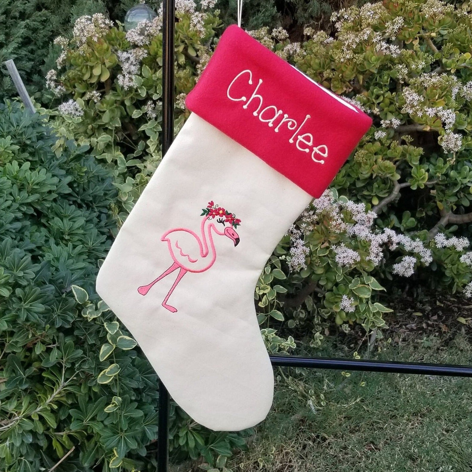 Personalized pink Flamingo Christmas stocking