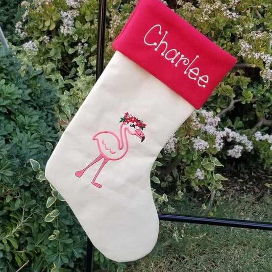 Personalized pink Flamingo Christmas stocking