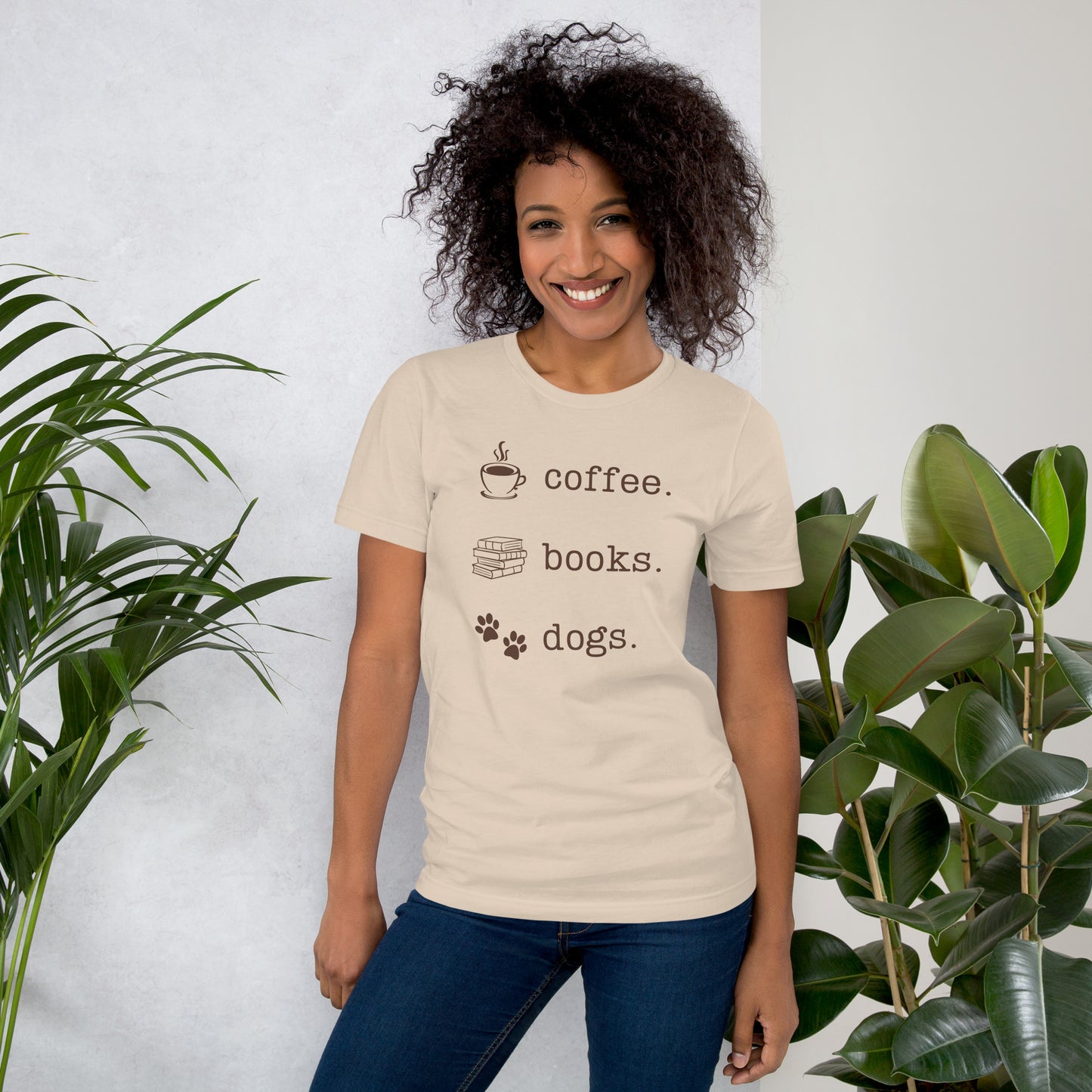 Cozy Trio: Coffee, Books, Dogs Unisex T-Shirt