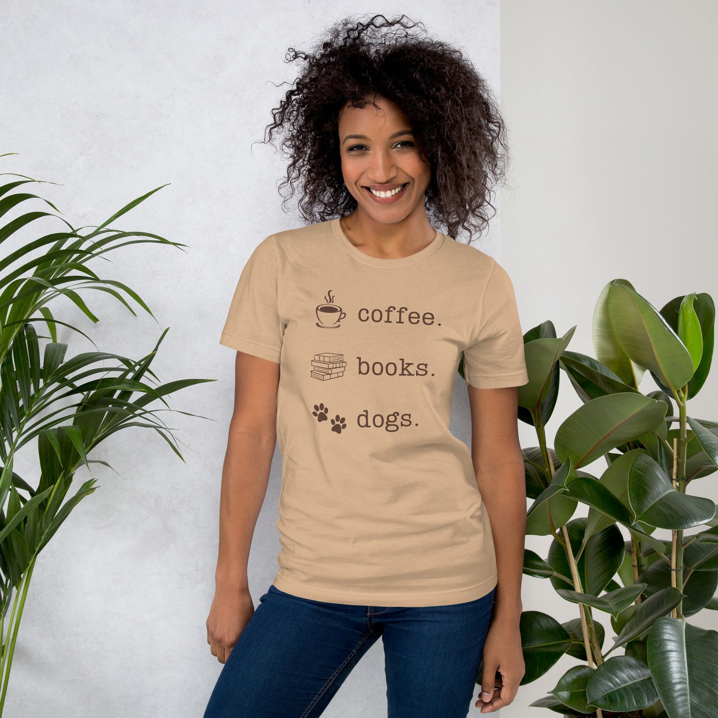 Cozy Trio: Coffee, Books, Dogs Unisex T-Shirt