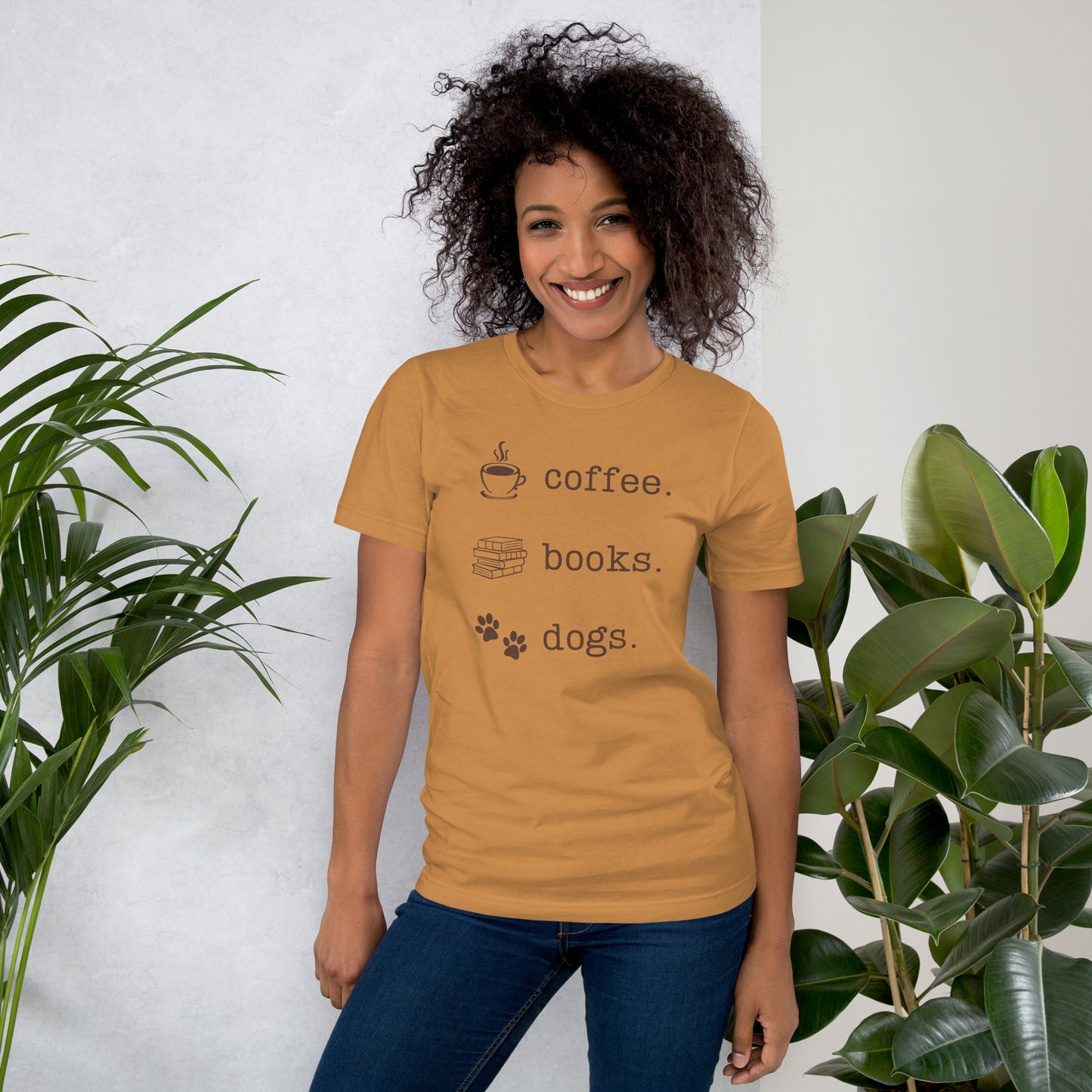 Cozy Trio: Coffee, Books, Dogs Unisex T-Shirt