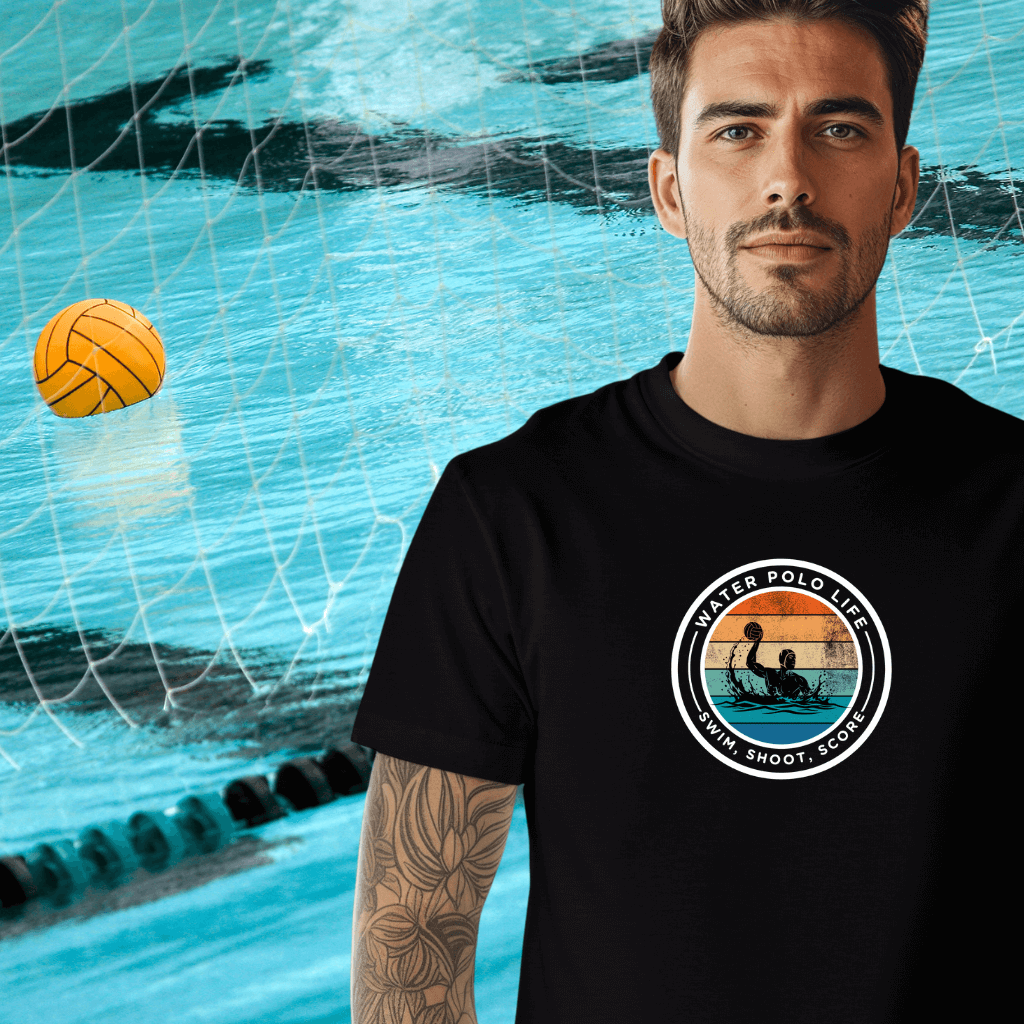 Man wearing a black t-shirt with a water polo design in front of a pool.
